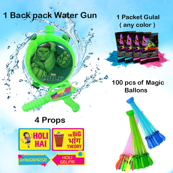 Holi Party Combo- Hulk Water Gun ,Water Balloons Gulal and Props
