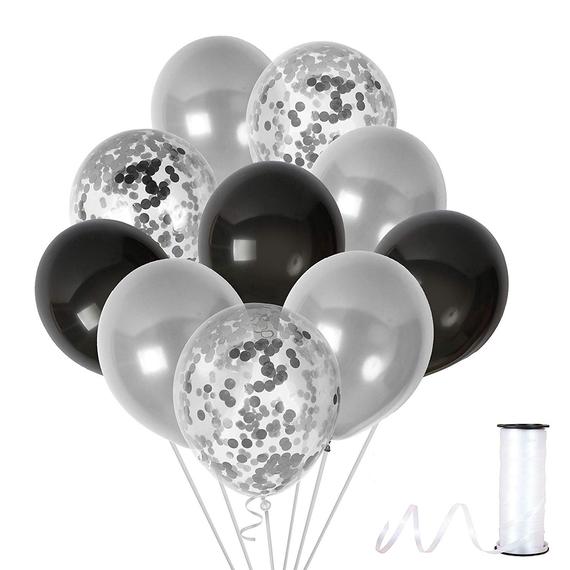 Metallic Silver And Black Balloons And 12 Inch Silver Confetti Balloon(With Ribbon) - Pack of 40