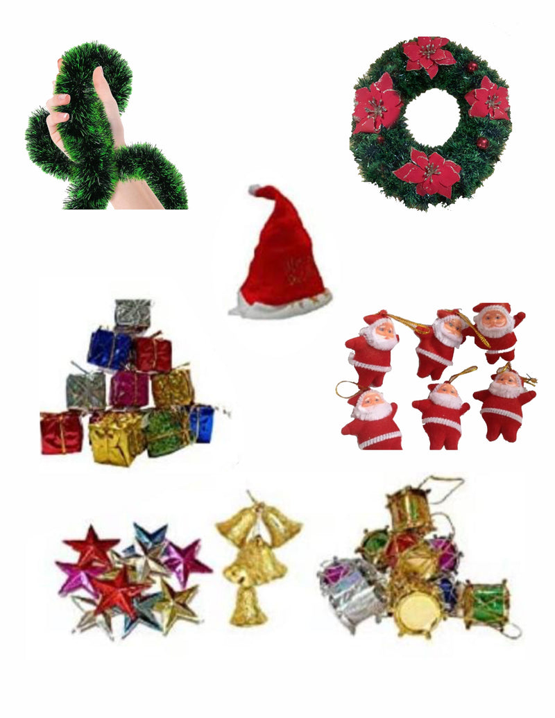 Christmas Combo Kit- Garlands For X Mas, Christmas Tree Decoration ,Wreath And Santa Caps
