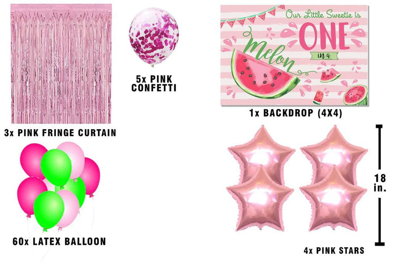 One In A Melon Theme Birthday Party Decoration Kit with Backdrop & Balloons