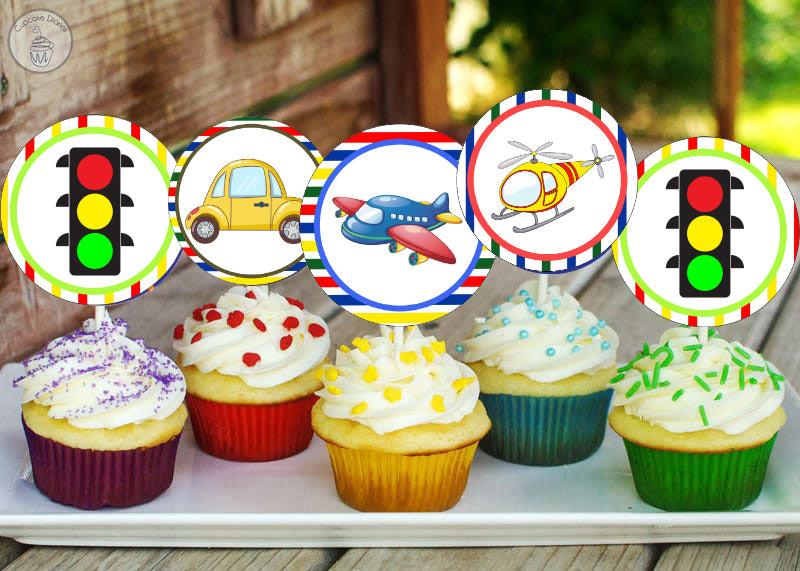 Transport Theme Birthday Party Cupcake Toppers for Decoration 