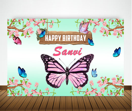 Personalize Butterfly & Flowers Birthday Backdrop Banner