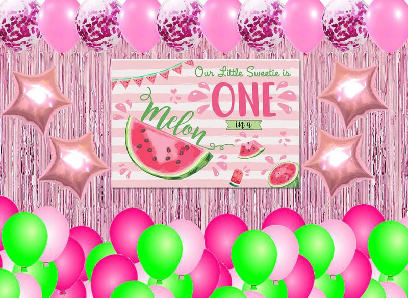 One In A Melon Theme Birthday Party Decoration Kit with Backdrop & Balloons