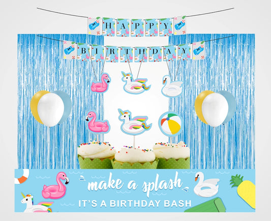 Pool Party Birthday Combo Kit with Backdrop & Decorations