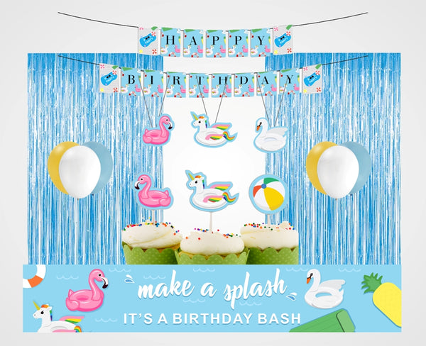 Pool Party Birthday Combo Kit with Backdrop & Decorations