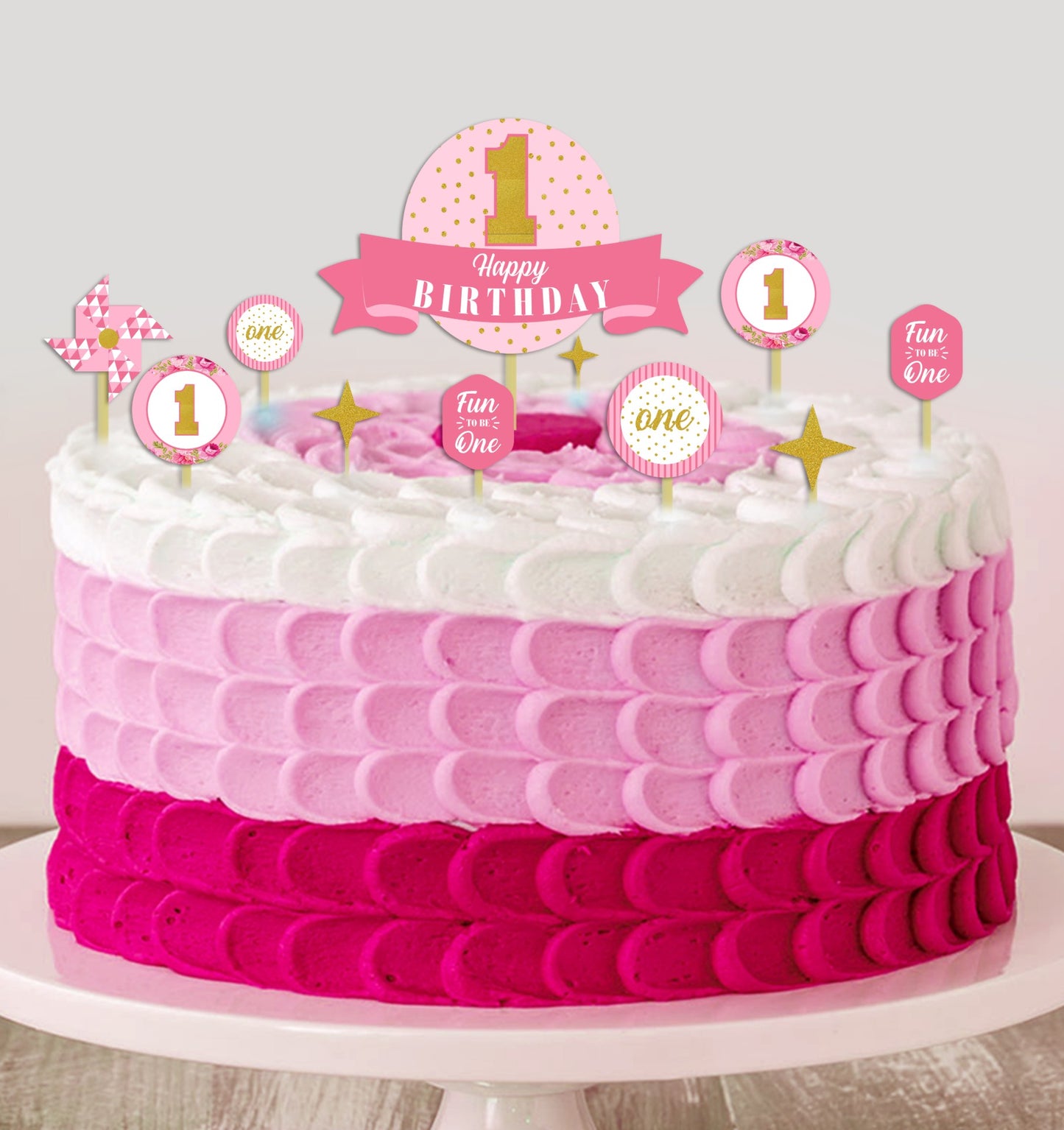 One is Fun First Birthday Party Cake Topper Kit for Decoration