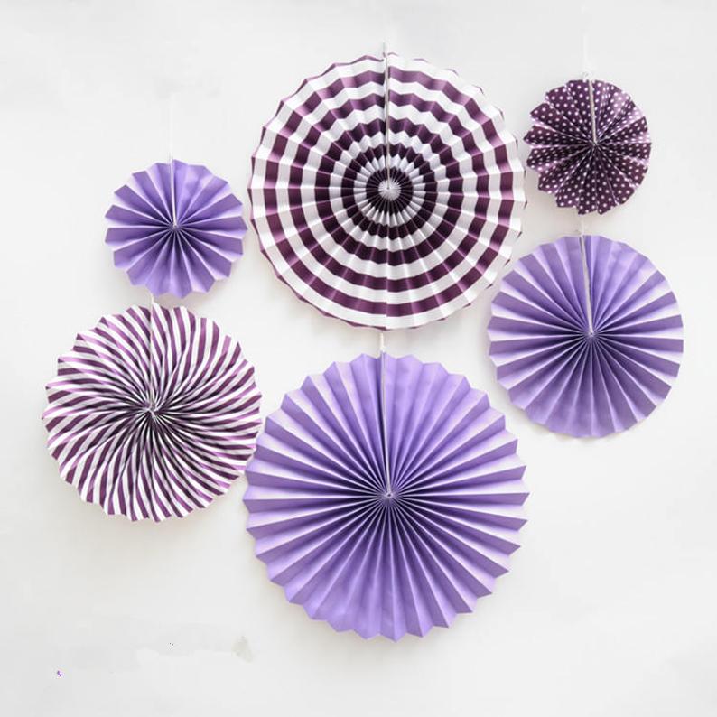 Paper Fans For Decoration Birthday Party Trend Party Fan For Wedding Birthday Showers - Purple And White (Pack Of 6)