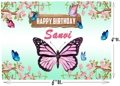 Personalize Butterfly & Flowers Birthday Backdrop Banner