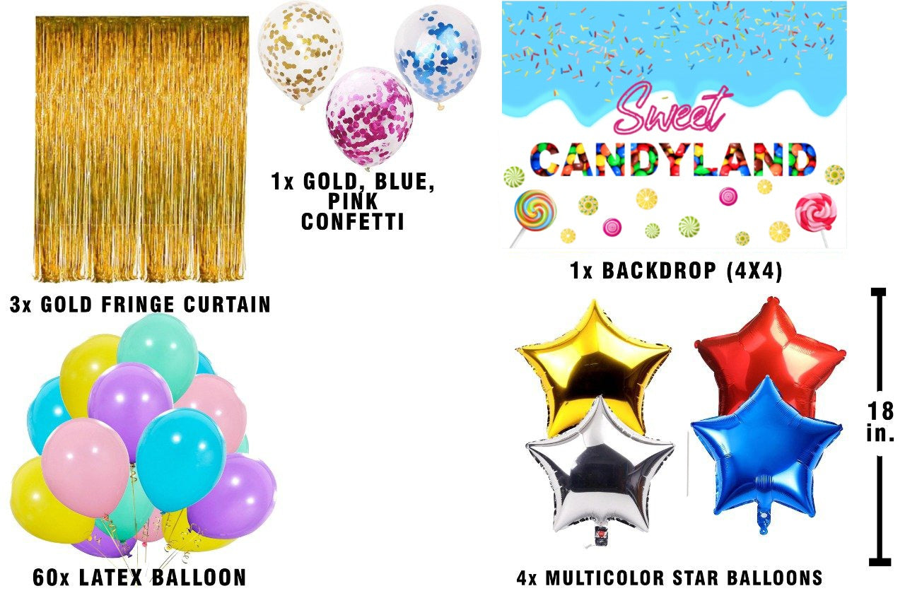 Candy Land Theme Birthday Party Decoration Kit with Backdrop & Balloons