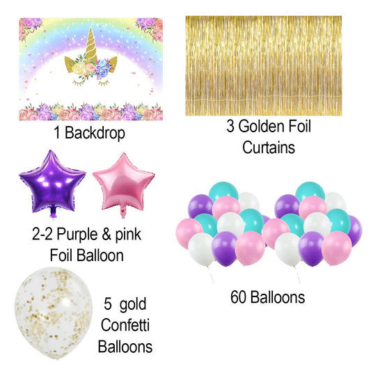 Unicorn Theme Birthday Party Decoration Kit with Backdrop & Balloons