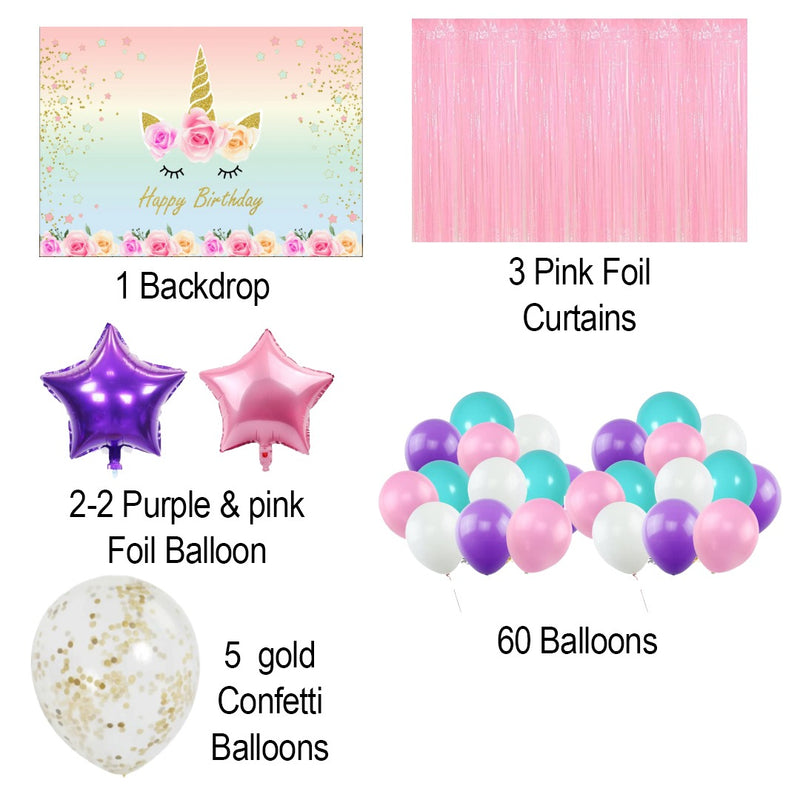 Unicorn Theme Birthday Party Decoration Kit with Backdrop & Balloons