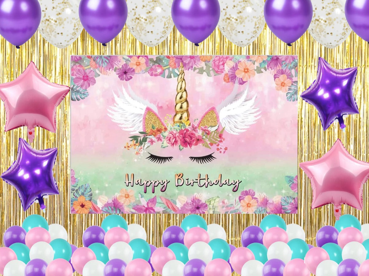 Unicorn Theme Birthday Party Decoration Kit with Backdrop & Balloons
